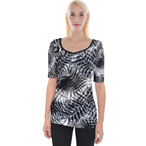 Tropical Leafs Pattern, Black And White Jungle Theme Wide Neckline Tee by Casemiro