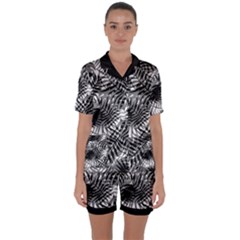 Tropical Leafs Pattern, Black And White Jungle Theme Satin Short Sleeve Pyjamas Set by Casemiro