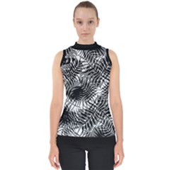 Tropical Leafs Pattern, Black And White Jungle Theme Mock Neck Shell Top by Casemiro