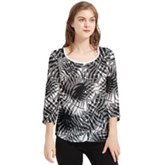 Tropical Leafs Pattern, Black And White Jungle Theme Chiffon Quarter Sleeve Blouse