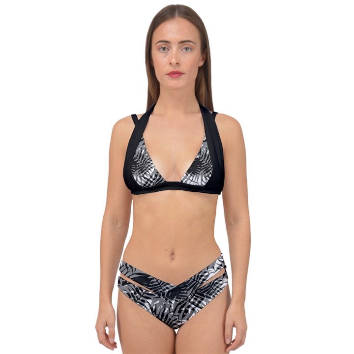 Tropical leafs pattern, black and white jungle theme Double Strap Halter Bikini Set