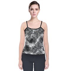 Tropical Leafs Pattern, Black And White Jungle Theme Velvet Spaghetti Strap Top by Casemiro