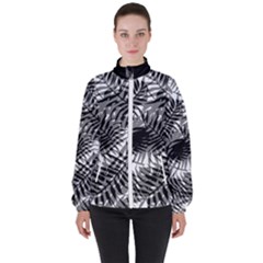 Tropical Leafs Pattern, Black And White Jungle Theme Women s High Neck Windbreaker by Casemiro