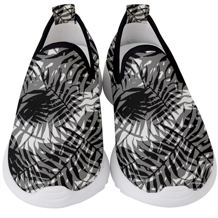 Tropical leafs pattern, black and white jungle theme Kids  Slip On Sneakers