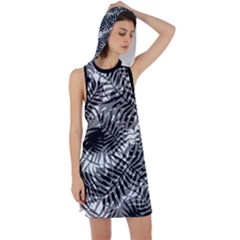 Tropical Leafs Pattern, Black And White Jungle Theme Racer Back Hoodie Dress by Casemiro