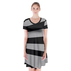 Striped Black And Grey Colors Pattern, Silver Geometric Lines Short Sleeve V-neck Flare Dress by Casemiro