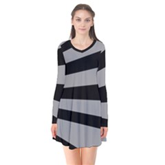 Striped Black And Grey Colors Pattern, Silver Geometric Lines Long Sleeve V-neck Flare Dress by Casemiro