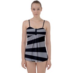 Striped Black And Grey Colors Pattern, Silver Geometric Lines Babydoll Tankini Set by Casemiro