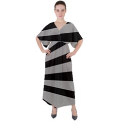 Striped Black And Grey Colors Pattern, Silver Geometric Lines V-neck Boho Style Maxi Dress by Casemiro