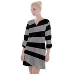 Striped Black And Grey Colors Pattern, Silver Geometric Lines Open Neck Shift Dress