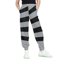 Striped Black And Grey Colors Pattern, Silver Geometric Lines Kids  Elastic Waist Pants