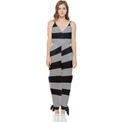 Striped Black And Grey Colors Pattern, Silver Geometric Lines Sleeveless Tie Ankle Jumpsuit by Casemiro