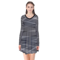 Abstract Geometric Pattern, Silver, Grey And Black Colors Long Sleeve V-neck Flare Dress by Casemiro