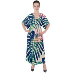 Monstera Leaf V-neck Boho Style Maxi Dress by goljakoff