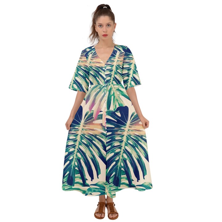 Monstera leaf Kimono Sleeve Boho Dress