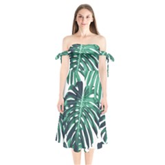 Green Monstera Leaf Shoulder Tie Bardot Midi Dress by goljakoff