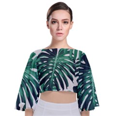 Green Monstera Leaf Tie Back Butterfly Sleeve Chiffon Top by goljakoff