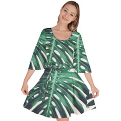 Green Monstera Leaf Velour Kimono Dress