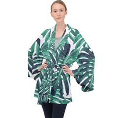 Green Monstera Leaf Long Sleeve Velvet Kimono 