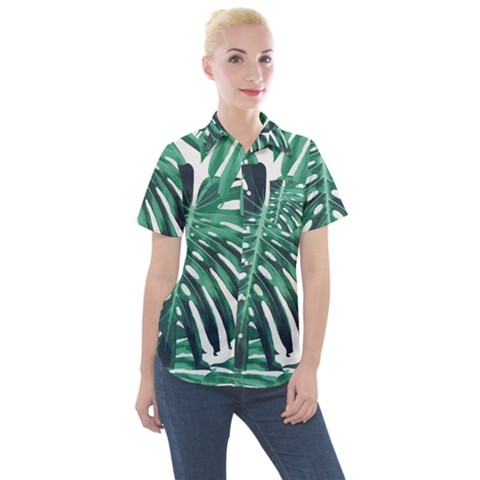 Green Monstera Leaf Women s Short Sleeve Pocket Shirt by goljakoff