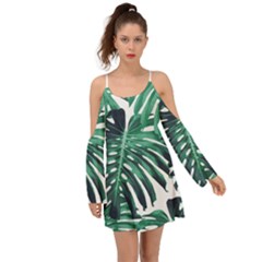 Green Monstera Leaf Kimono Sleeves Boho Dress by goljakoff