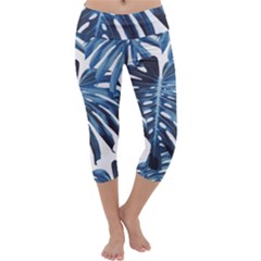 Blue Monstera Leaf Capri Yoga Leggings by goljakoff