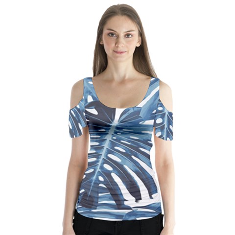 Blue Monstera Leaf Butterfly Sleeve Cutout Tee  by goljakoff