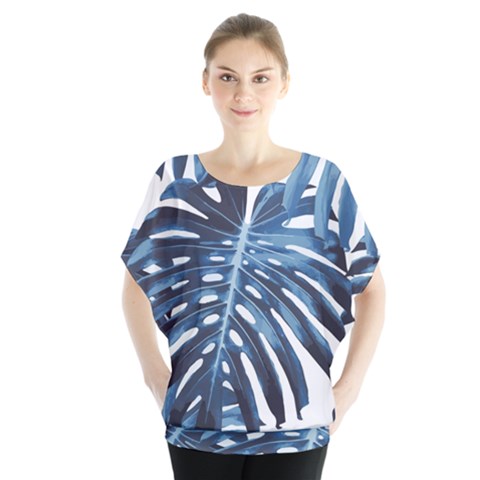 Blue Monstera Leaf Batwing Chiffon Blouse by goljakoff