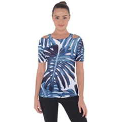 Blue Monstera Leaf Shoulder Cut Out Short Sleeve Top by goljakoff