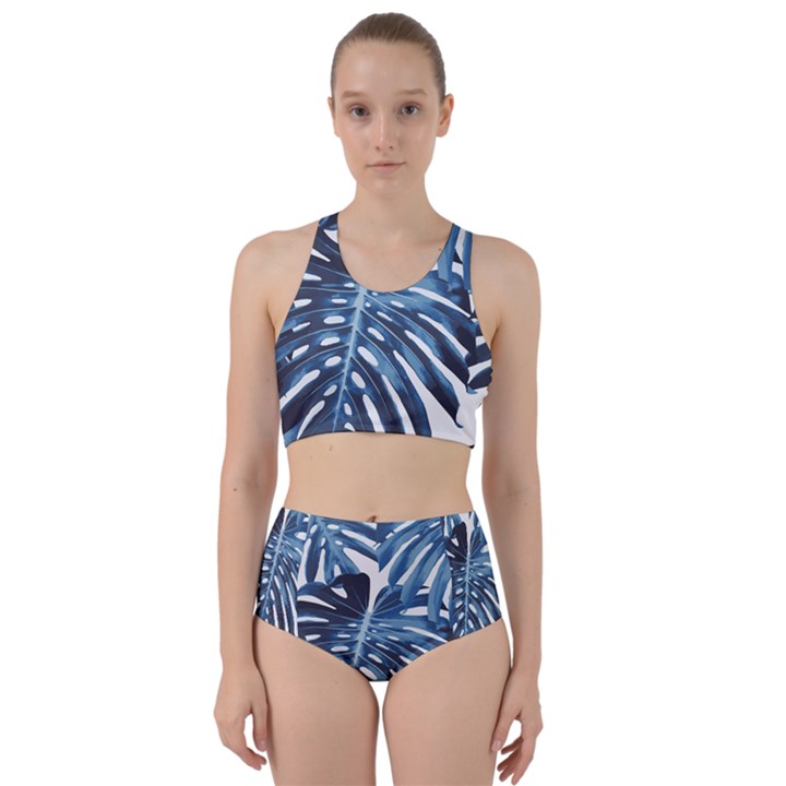 Blue monstera leaf Racer Back Bikini Set