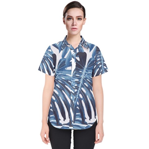 Blue Monstera Leaf Women s Short Sleeve Shirt by goljakoff