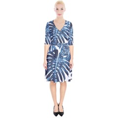 Blue Monstera Leaf Wrap Up Cocktail Dress