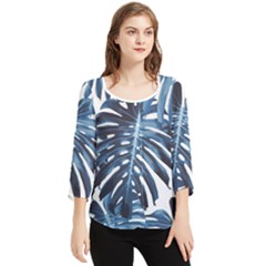 Blue Monstera Leaf Chiffon Quarter Sleeve Blouse by goljakoff