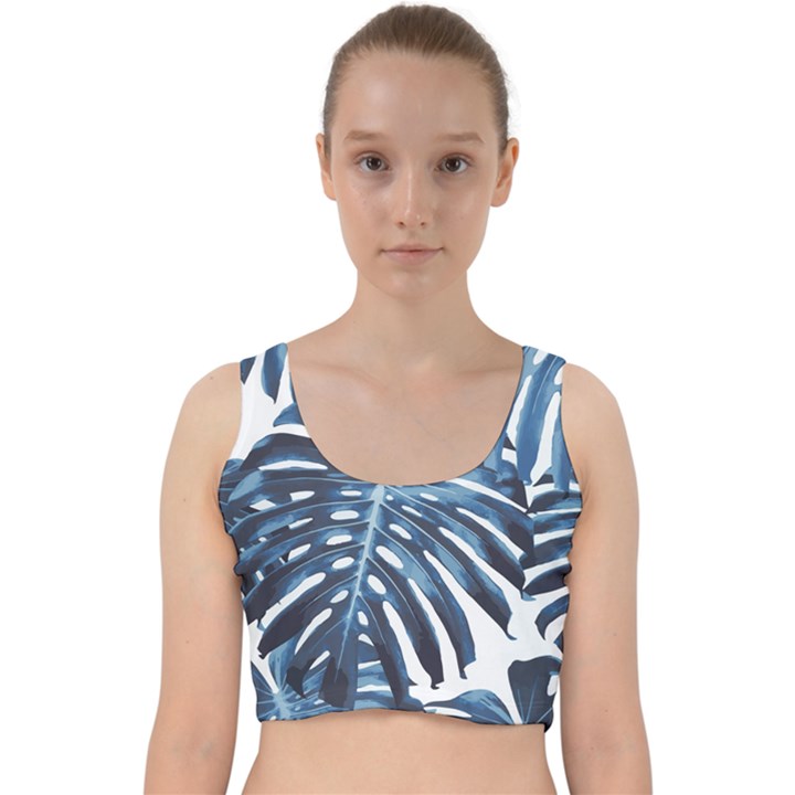 Blue monstera leaf Velvet Racer Back Crop Top