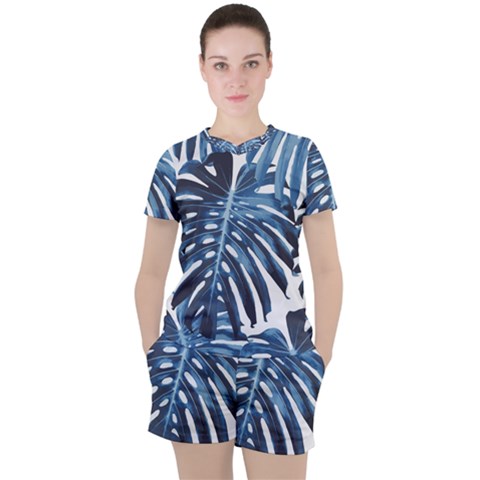 Blue Monstera Leaf Women s Tee And Shorts Set by goljakoff