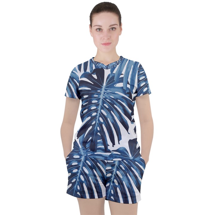 Blue monstera leaf Women s Tee and Shorts Set