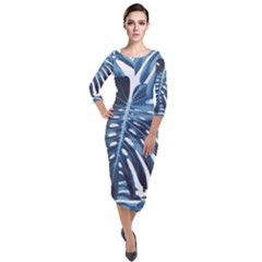 Blue monstera leaf Quarter Sleeve Midi Velour Bodycon Dress