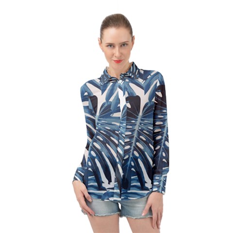 Blue Monstera Leaf Long Sleeve Chiffon Shirt by goljakoff