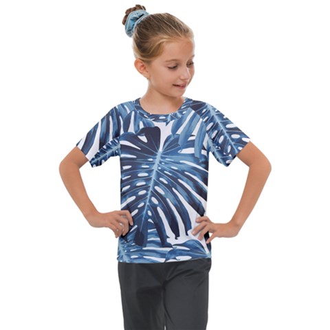 Blue Monstera Leaf Kids  Mesh Piece Tee by goljakoff