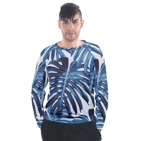 Blue Monstera Leaf Men s Long Sleeve Raglan Tee by goljakoff