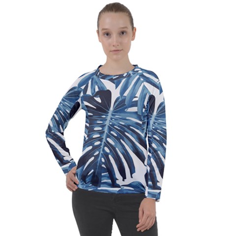 Blue Monstera Leaf Women s Long Sleeve Raglan Tee by goljakoff