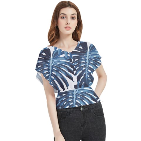 Blue Monstera Leaf Butterfly Chiffon Blouse by goljakoff