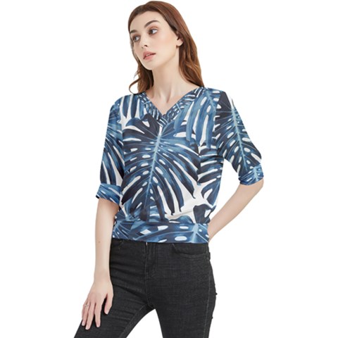 Blue Monstera Leaf Quarter Sleeve Blouse by goljakoff