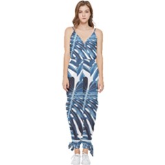 Blue monstera leaf Sleeveless Tie Ankle Jumpsuit