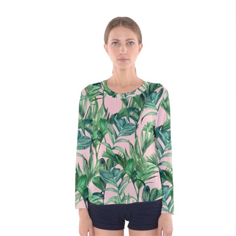 Green Leaves On Pink Women s Long Sleeve Tee by goljakoff