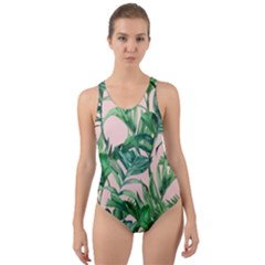 Green Leaves On Pink Cut-out Back One Piece Swimsuit by goljakoff