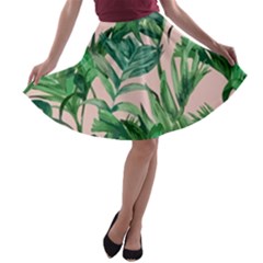 Green Leaves On Pink A-line Skater Skirt by goljakoff