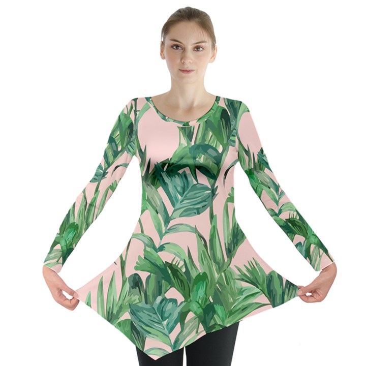 Green leaves on pink Long Sleeve Tunic 