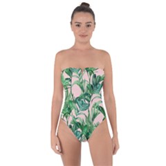 Green Leaves On Pink Tie Back One Piece Swimsuit by goljakoff