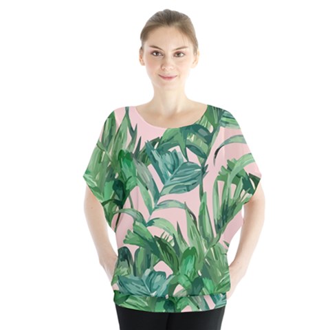 Green Leaves On Pink Batwing Chiffon Blouse by goljakoff